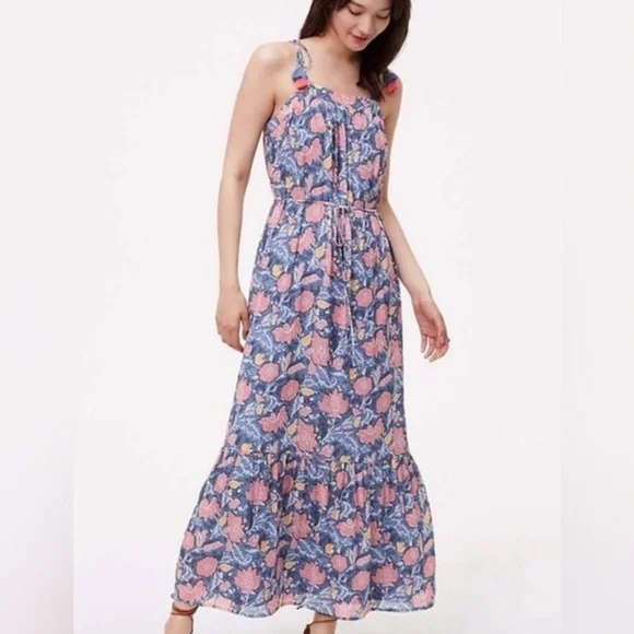 Women's LOFT Floral Tassel Tie Sleeve Ruffle Hem Boho Maxi dress size small - Picture 4 of 5